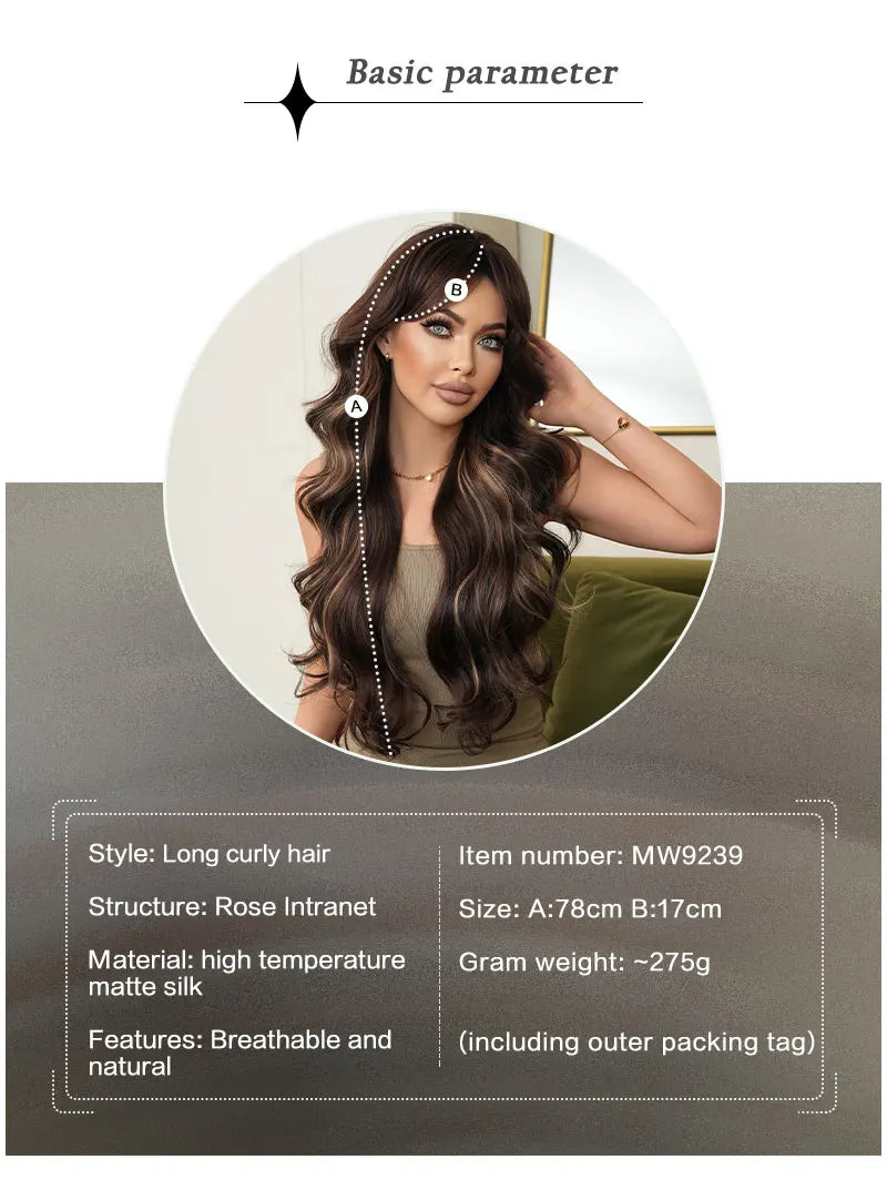 30-inch long curly highlighted brown synthetic hair wig. Made from heat-resistant fiber for a natural matte finish. Peluca.