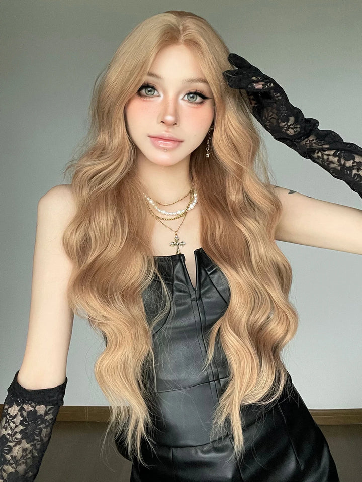 28" Blonde Curly Lace Front Wig with Bangs - Heat Resistant Synthetic Hair for Women