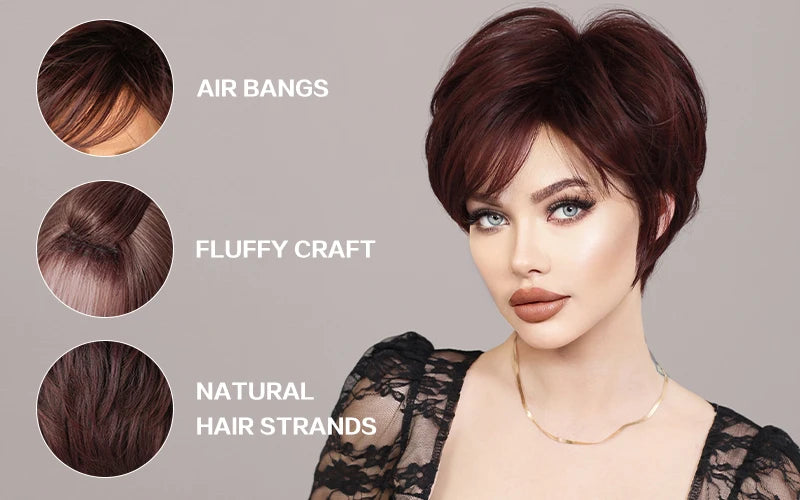 Ombre red pixie cut wig with bangs, cute and natural-looking. Short black and burgundy layered wavy style for women.