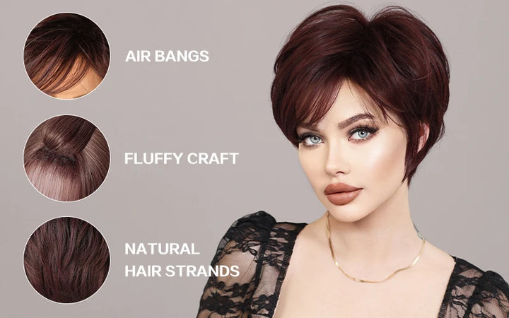 Ombre red pixie cut wig with bangs, cute and natural-looking. Short black and burgundy layered wavy style for women.