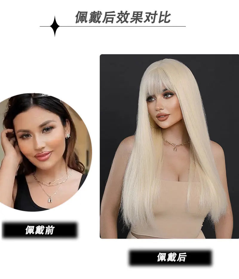 Long Straight Ombre Blonde Synthetic Hair With Bangs for Women Heat Resistant Fiber Wig Hot Selling 28 Inch.