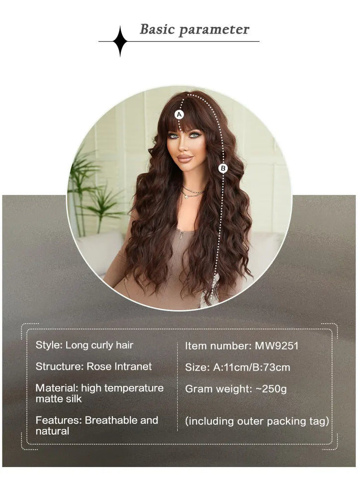 28 Inch Curly Brown Synthetic Hair Shoulder Length Water Wavy Wigs Heat Resistant Fiber Natural Matt Wigs Peluca Rizada