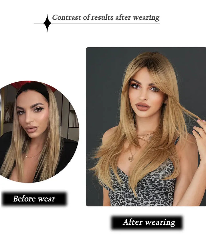 26-inch Layered Long Straight Ombre Blonde Middle-Parted Synthetic Matte Hair Wig for Women, Heat Resistant.