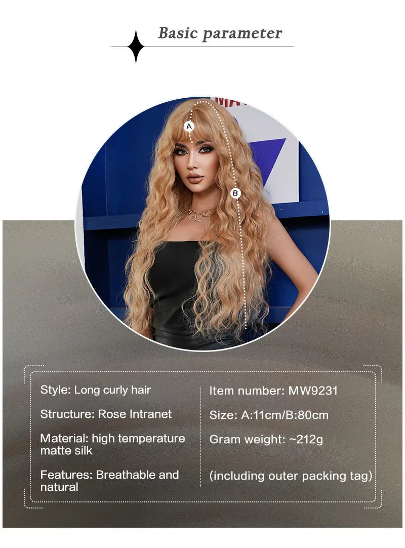 Extra Long Blonde Water Wavy Wig with Bang for Women - 32 Inch Synthetic Glueless Wig with Natural Matte Hair