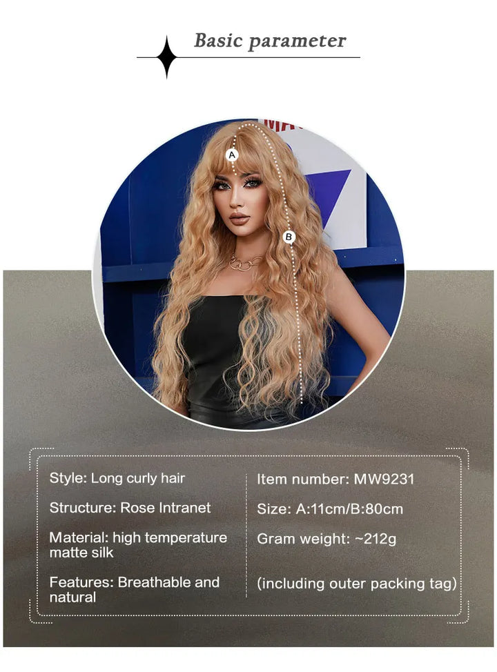 Extra Long Blonde Water Wavy Wig with Bang for Women - 32 Inch Synthetic Glueless Wig with Natural Matte Hair