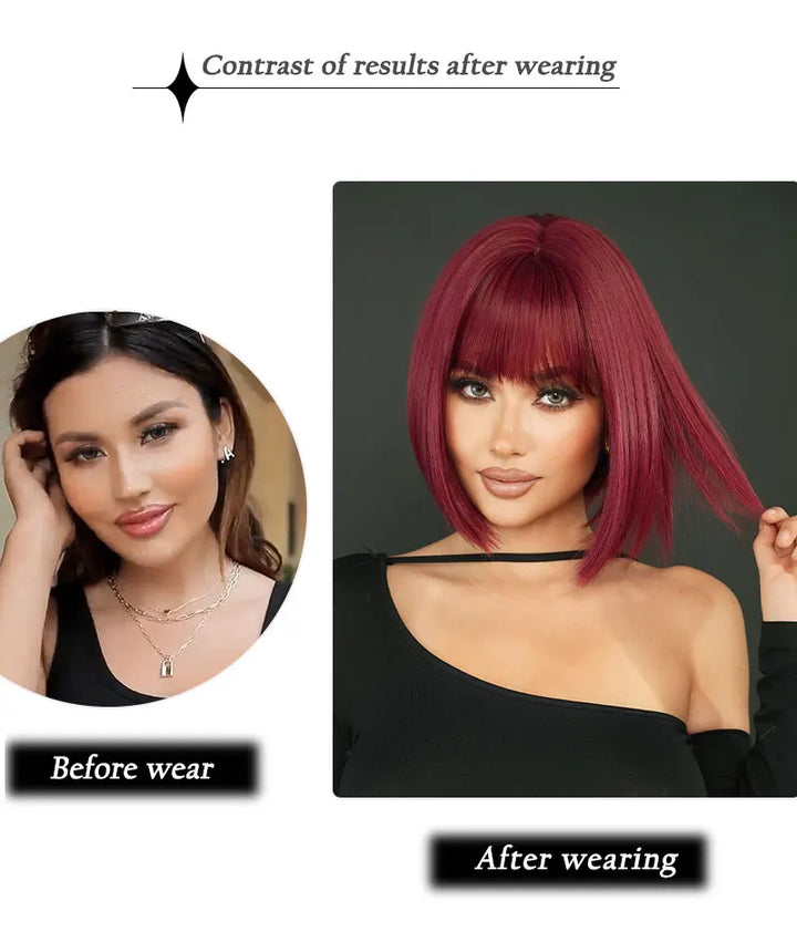 12-inch Short Bob Straight Wig with Bangs - Natural Red Yaki Synthetic Heat Resistant Burgundy Red Hair for Party Cosplay.