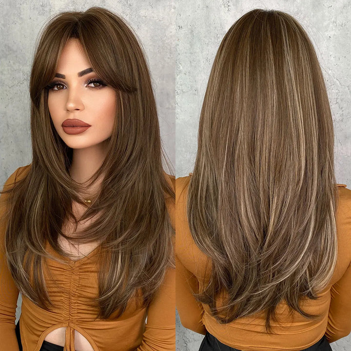 Green Highlight Layered Wig with Curtain Bangs, Synthetic Heat Resistant Hair Wig for Women.