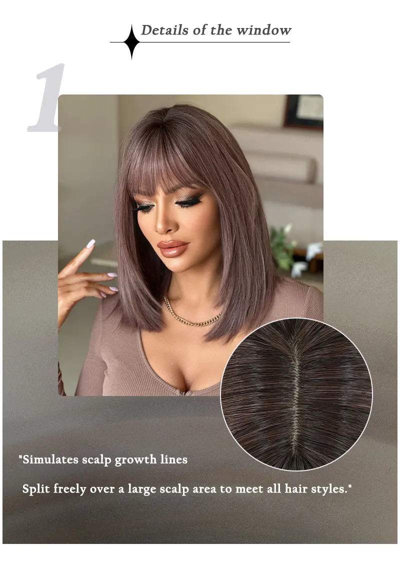 Purple Ombre Shoulder-Length Straight Layered Synthetic Wig with Bangs, 16 Inches. Natural Matte Hair for Women.