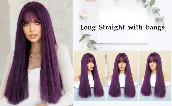 28 Inch Honey Blond Wig with Bangs, Long Straight Synthetic Wig for Women. Natural looking and suitable for daily use.