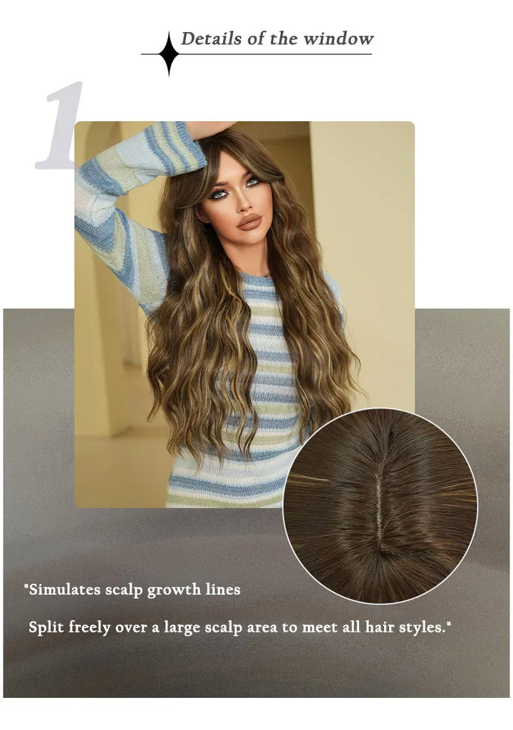 32 Inches Extra Long Honey Blond Middle Parting Wig with Bangs. This synthetic water wave wig is glueless with a natural hairline and matte hair finish.