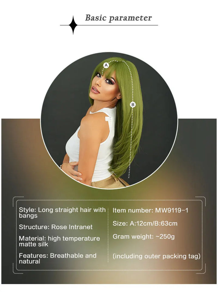 Light pink long wavy wig with bangs, 26 inches, made of synthetic heat-resistant hair. Perfect for daily use.