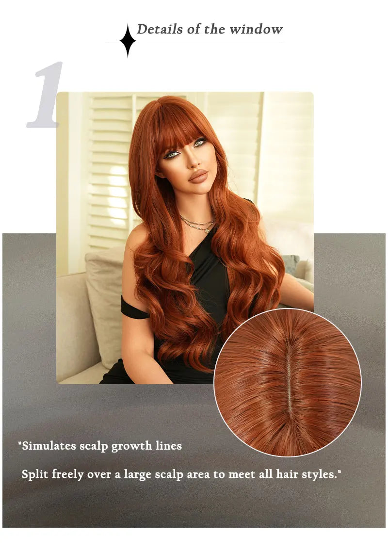 30" Copper Orange Long Curly Synthetic Wig with Bangs for Women. Heat resistant and natural hairline. Perfect for cosplay.
