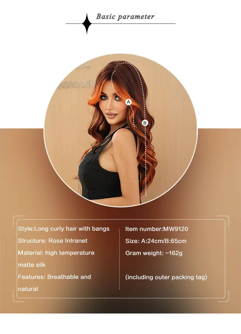Ginger Orange Wig with Highlights - Synthetic Hair Wig with Brown Skunk Stripe, Long Wavy Style, Heat Resistant Fiber.