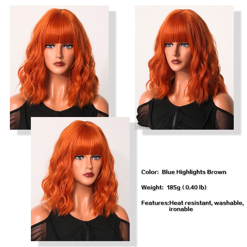 Ginger Orange Wig - Short Curly Wavy Bob Wig for Women with Bangs, Shoulder Length Synthetic Colored Halloween Cosplay Copper Hair.