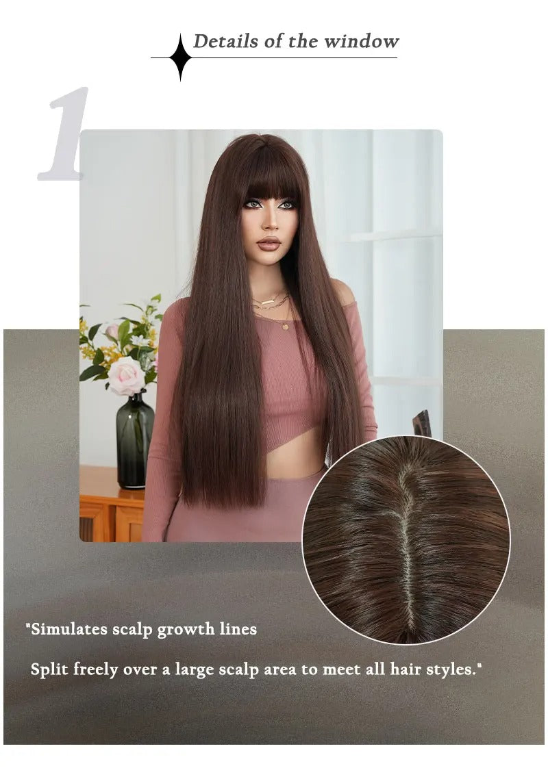 28 Inch Natural Black Wig with Bangs Extra Long Straight Wig for Women. This wig is natural-looking and comes in black-brown synthetic material.