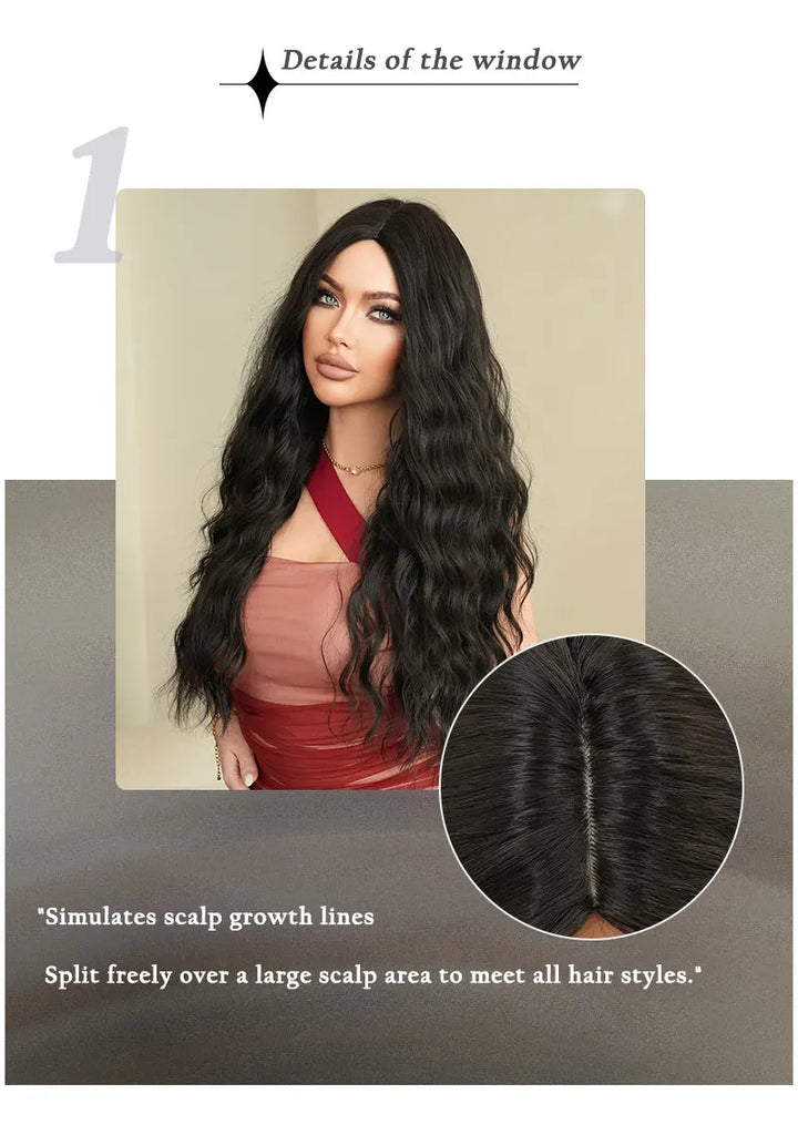 30 Inch Natural Black Long Curls Synthetic Heat Resistant Wig for Women with Middle Part Water Waves Hair. Features a Slit Matte Hair Wigs Peluca.