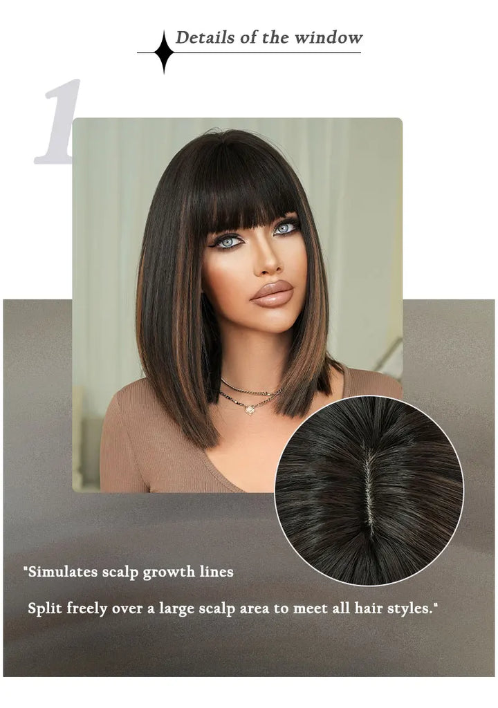 16-inch Black Brown Shoulder-Length Straight Synthetic Heat-Resistant Wig for Women with Natural Hairline Matte Hair Wig