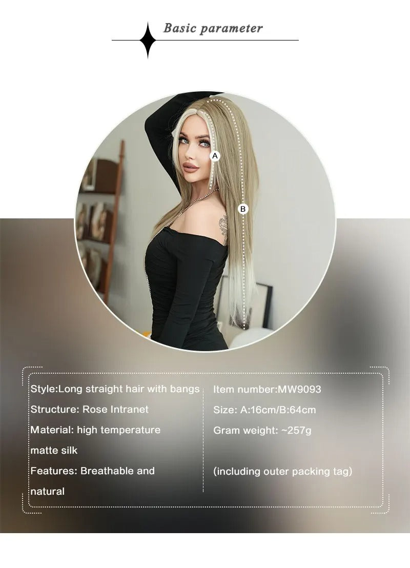 Synthetic hair wig with long straight hair, bangs, middle part, and highlight gray color. Perfect for women, cosplay, and drag queens.