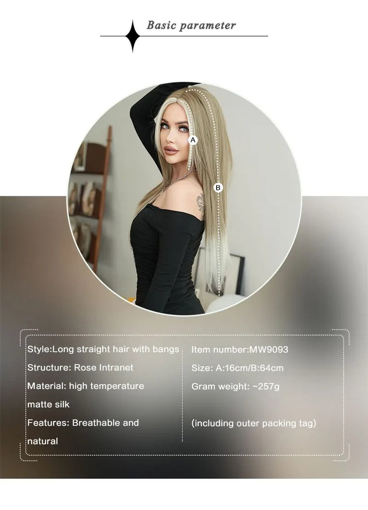 Synthetic hair wig with long straight hair, bangs, middle part, and highlight gray color. Perfect for women, cosplay, and drag queens.