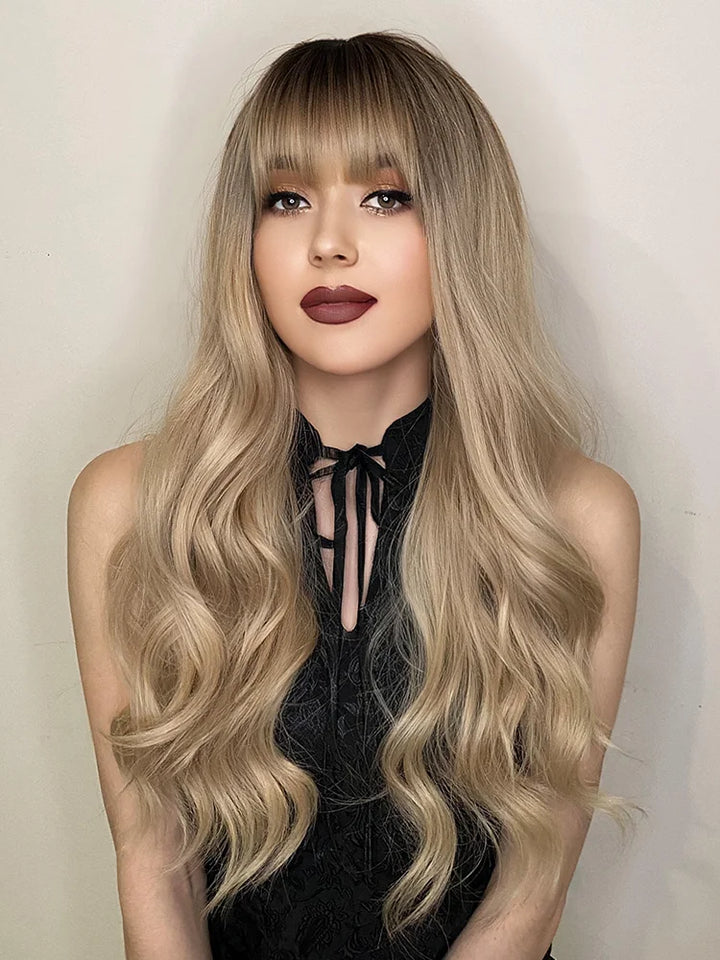 Blonde Ombre Long Wavy Wig with Bangs - Synthetic, Heat Resistant, Perfect for Cosplay