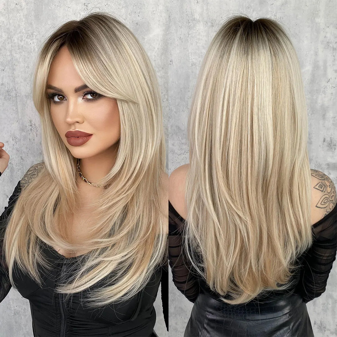 Green Highlight Layered Wig with Curtain Bangs, Synthetic Heat Resistant Hair Wig for Women.