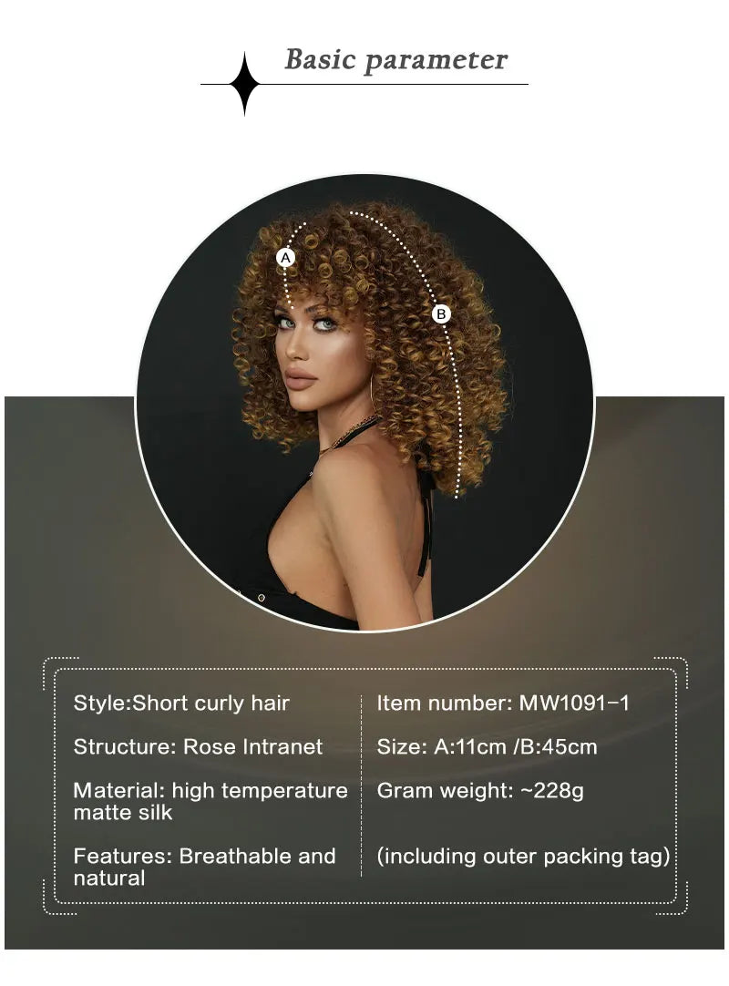 18" Curly Afro Wig with Bangs for Black Women. Kinky curly synthetic wig in ombre brown blonde.