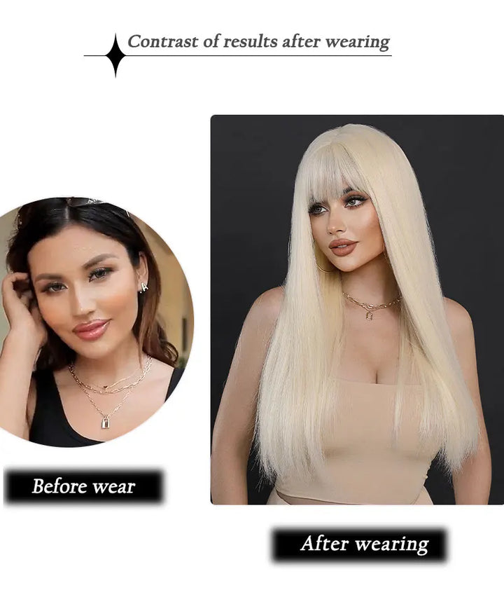 Long Straight Ombre Blonde Synthetic Hair With Bangs for Women Heat Resistant Fiber Wig Hot Selling 28 Inch.