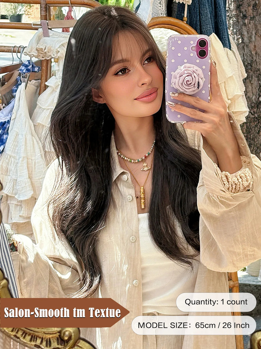 Monotop U Part Lace Long Curly Wig with Bangs for Women, 26 Inches, Heat Resistant Synthetic Brown Wig