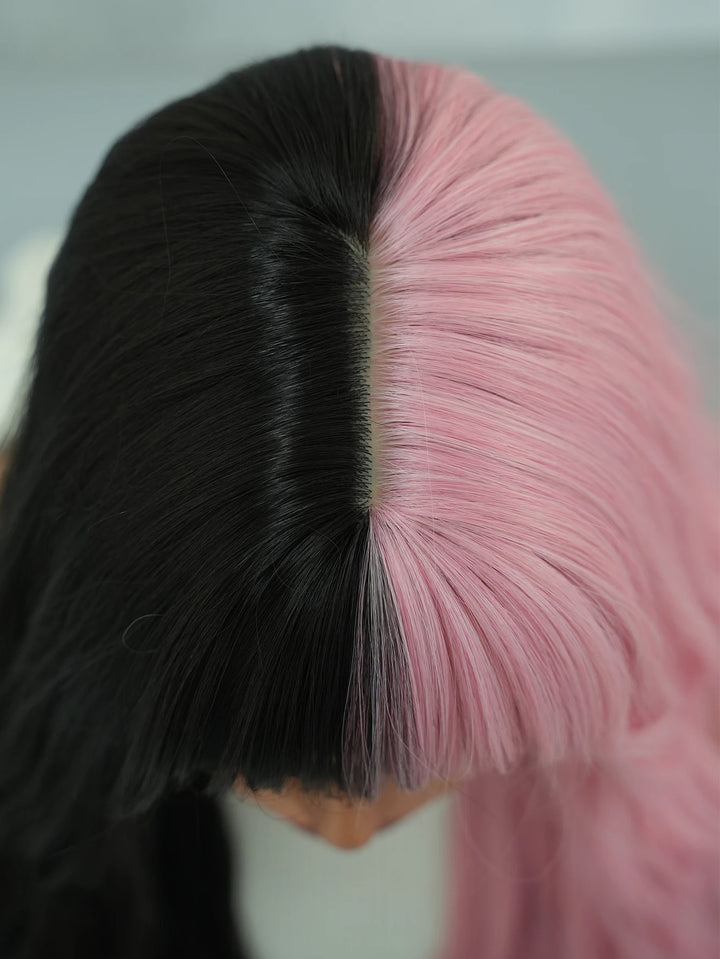 Black Pink Synthetic Hair Skunk Stripe Long Wavy Wigs Heat Resistant Fiber Wholesale Natural Matt Wigs 30 Inch