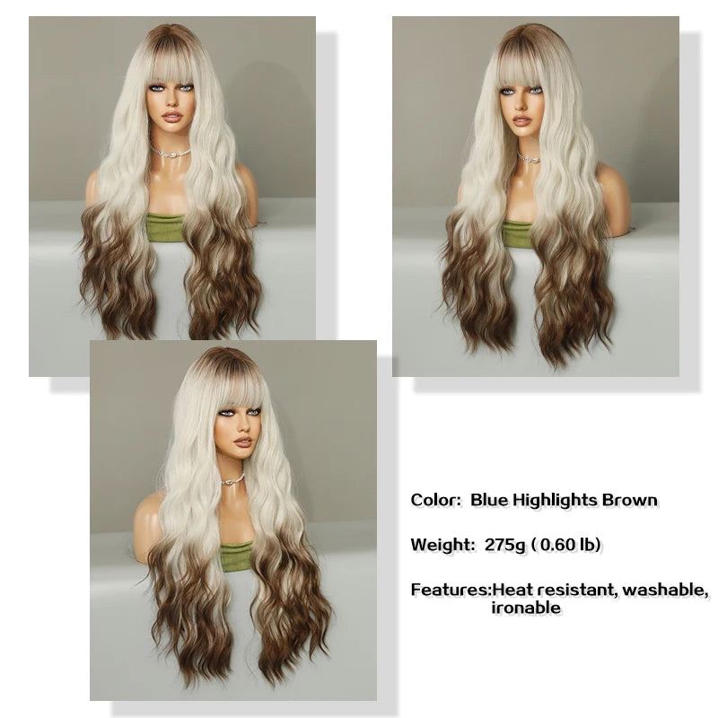 Ombre White Wig Long Wavy Wigs with Bangs for Women Long Platinum Blonde Wig Natural Looking Synthetic Heat Resistant Hair