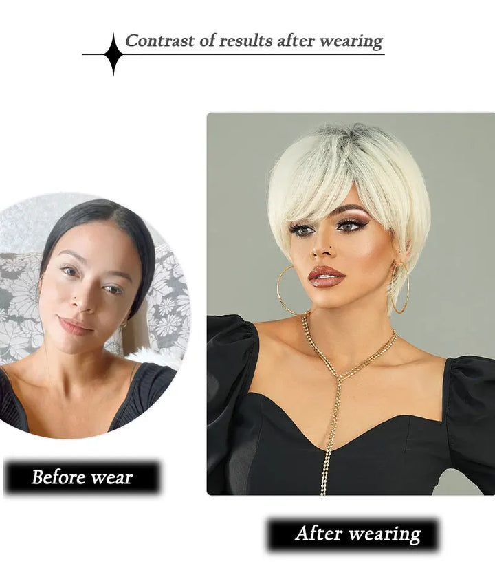 10 Inch Short Pixie Cut Hair Wigs for Women in Platinum Blonde. Layered Synthetic Ombre White Hair Wig for White Women.