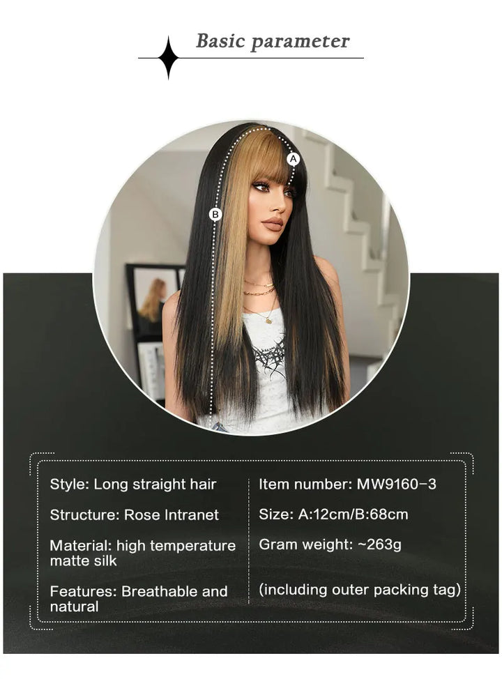 Orange Blonde Long Straight Wig with Bangs Synthetic Cruella De Vil Costume Hair Wig for Women Cosplay Anime Party Halloween.