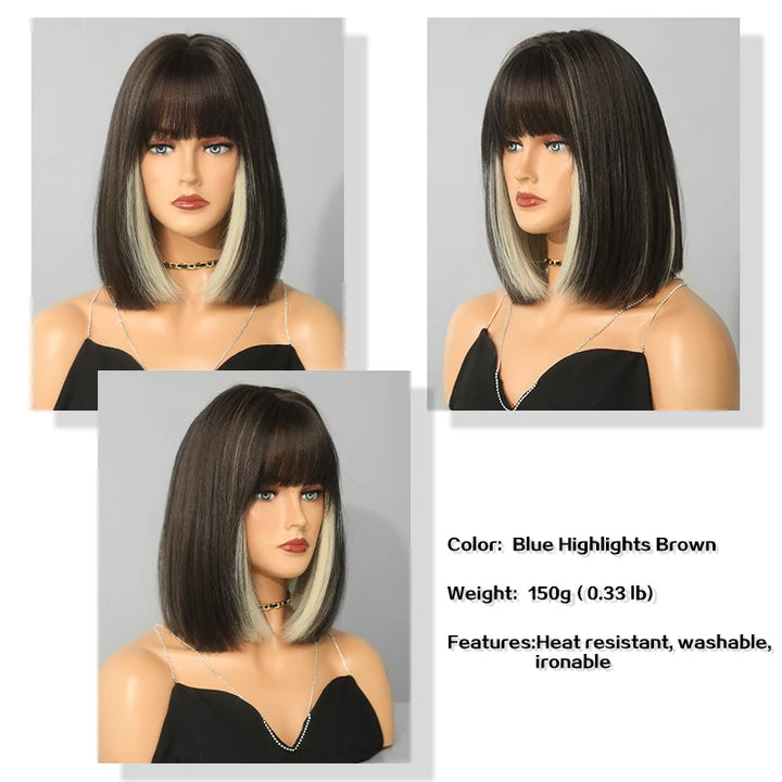 Black Bob Wigs with Bangs, Synthetic Straight Bob Wigs for Women, Heat Resistant 12 in Hair