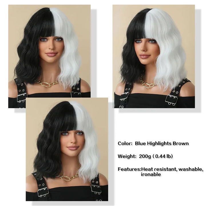Black and white Cruella Deville wig for women's costume. Short curly wavy synthetic wig for parties and cosplay.