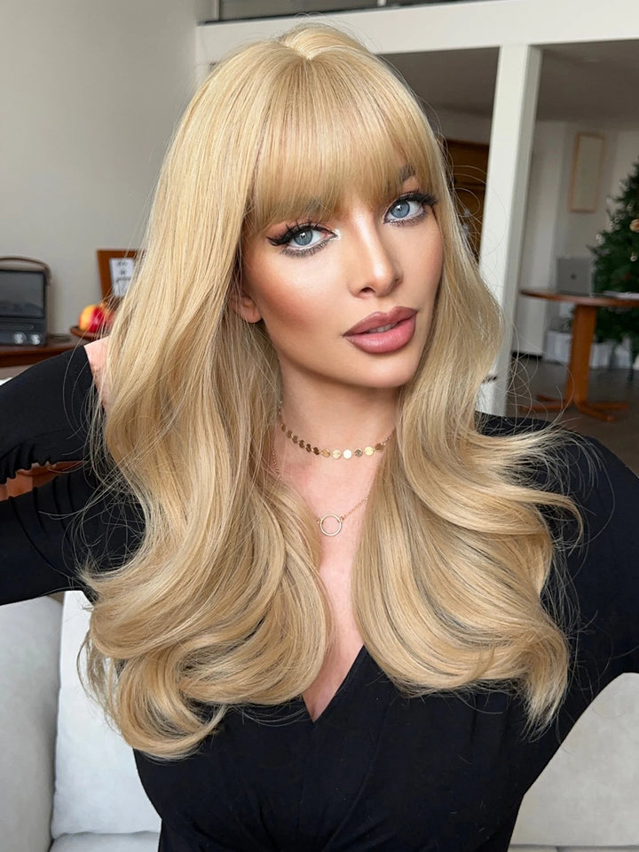26 Inch Long Blond Curly Hair Wig with Bangs Synthetic Matte Hair Wig for Women.