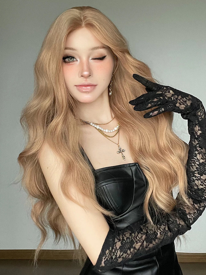28" Blonde Curly Lace Front Wig with Bangs - Heat Resistant Synthetic Hair for Women