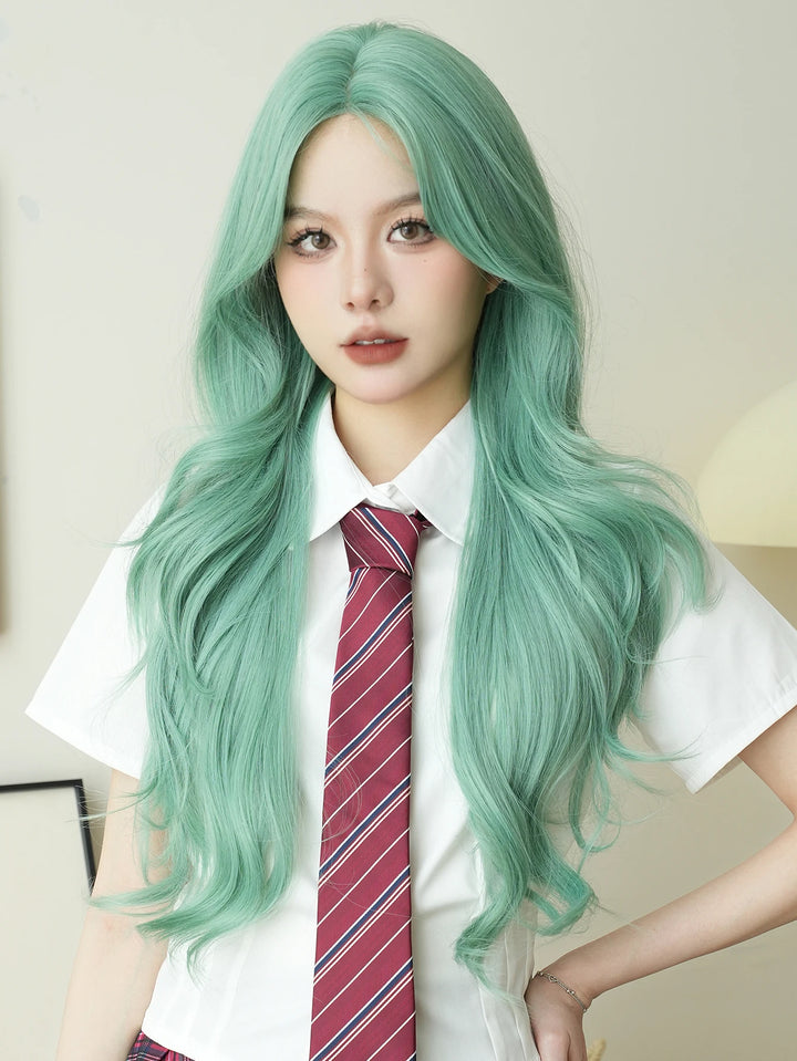 28-inch long water wave light green middle-parted synthetic matte hair wig for women. Heat-resistant lace front wig.