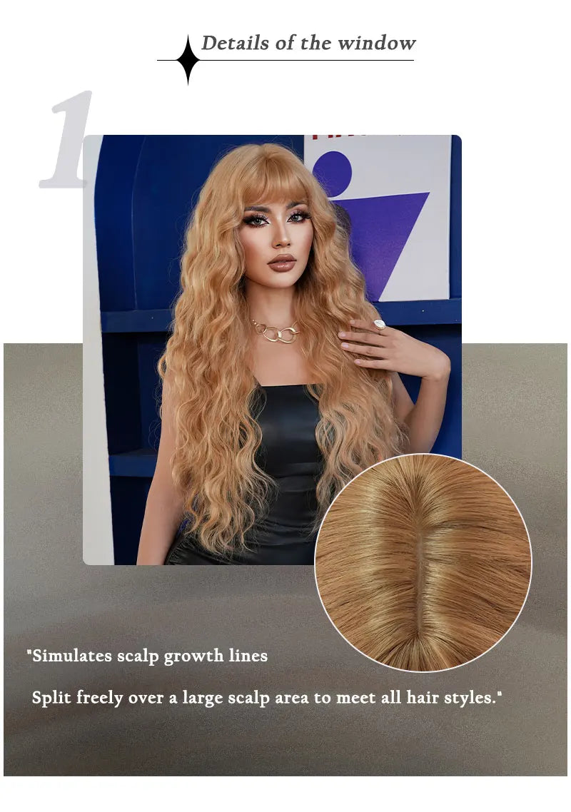 Extra Long Blonde Water Wavy Wig with Bang for Women - 32 Inch Synthetic Glueless Wig with Natural Matte Hair