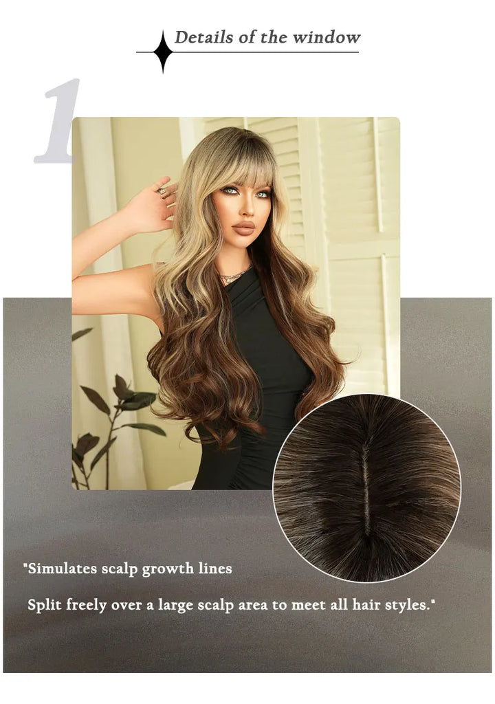 30" Ombre Blonde Curly Synthetic Wig with Bangs for Women. Heat resistant, natural hairline, matte finish. Perfect for cosplay