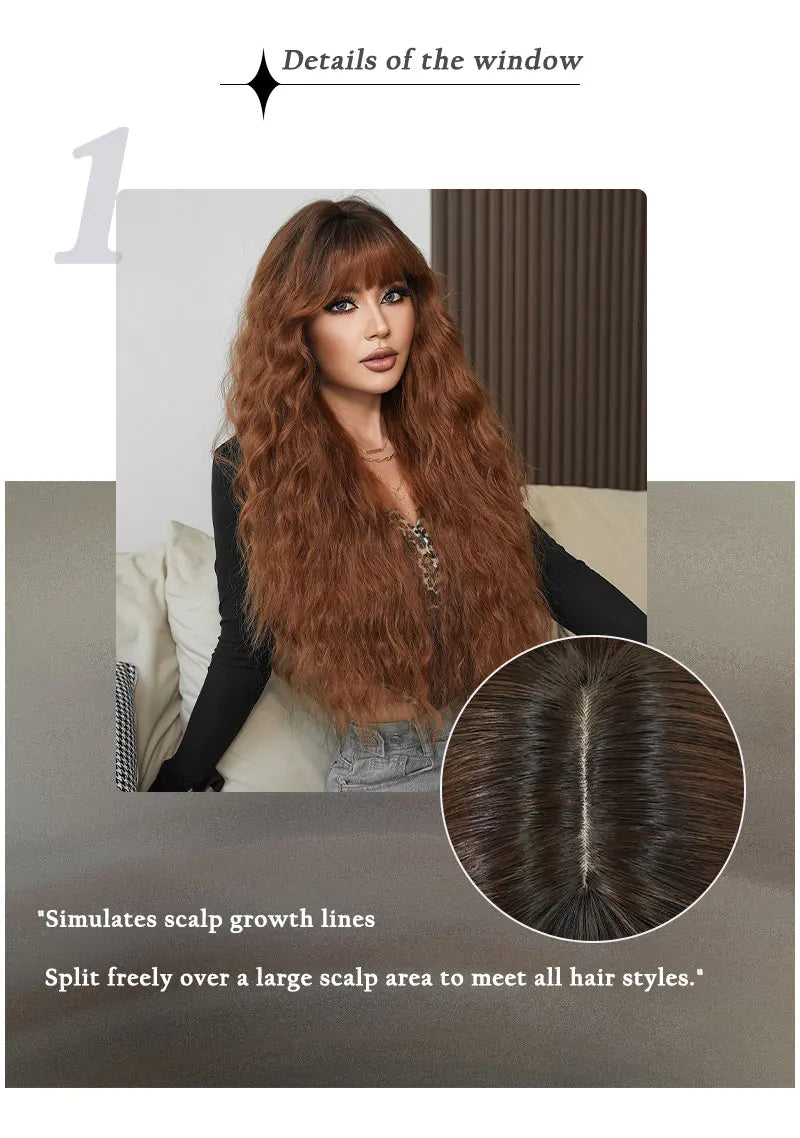Ombre Brown Water Wavy Wig with Bang for Woman 32 Inch Synthetic Glueless Wig Natural Matte Hair