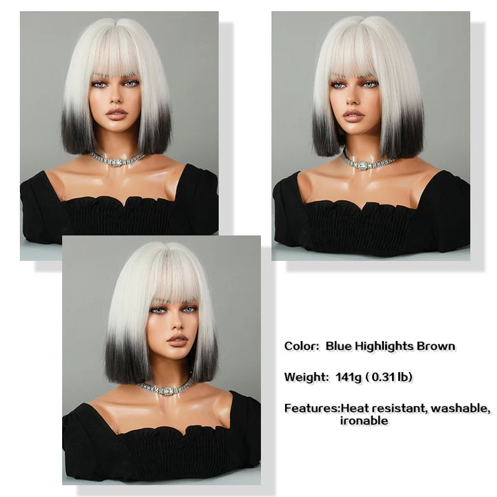 Ombre colored bob wig with bangs, perfect for cosplay or everyday wear.