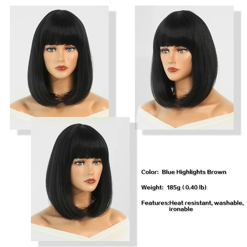 Short Black Bob Wig with Bangs for Women - Shoulder Length Synthetic Wig for Cosplay Party or Cleopatra Costume
