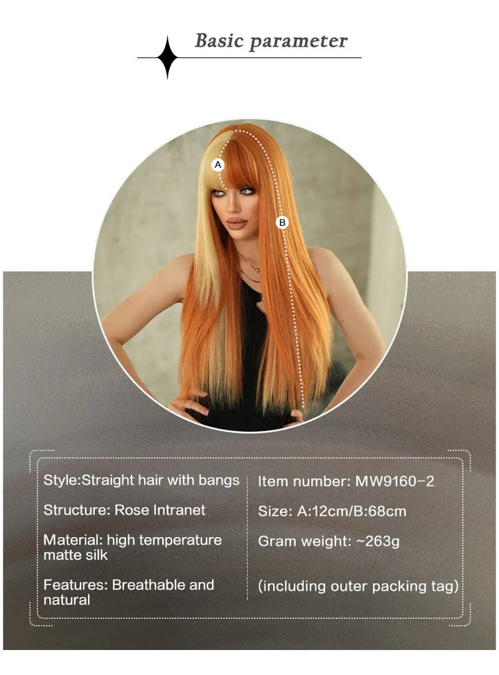 Orange Blonde Long Straight Wig with Bangs Synthetic Cruella De Vil Costume Hair Wig for Women Cosplay Anime Party Halloween.