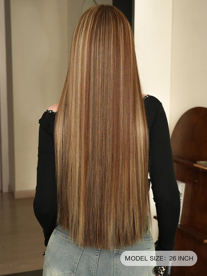 28-Inch Honey Blond Wig with Bangs: Long Straight Wig for Women, Natural-Looking Brown Synthetic Wig for Daily Use.