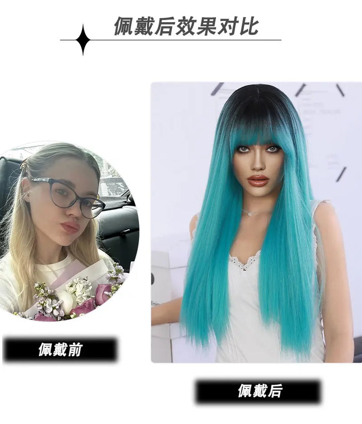 Turquoise Ombre Synthetic Wig with Bangs - Heat Resistant, Bluish Green with Black Roots for a Natural Look.