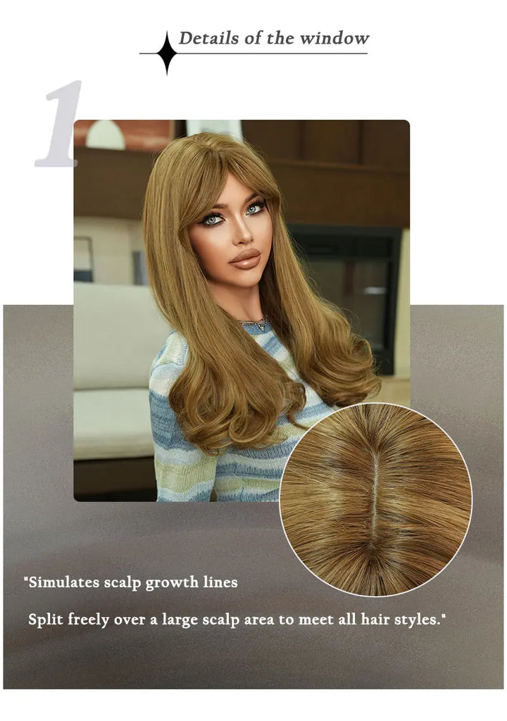 24-inch long curly middle-parted blond synthetic hair wigs with bangs. Blonde heat-resistant fiber natural matte wigs. Peluca.