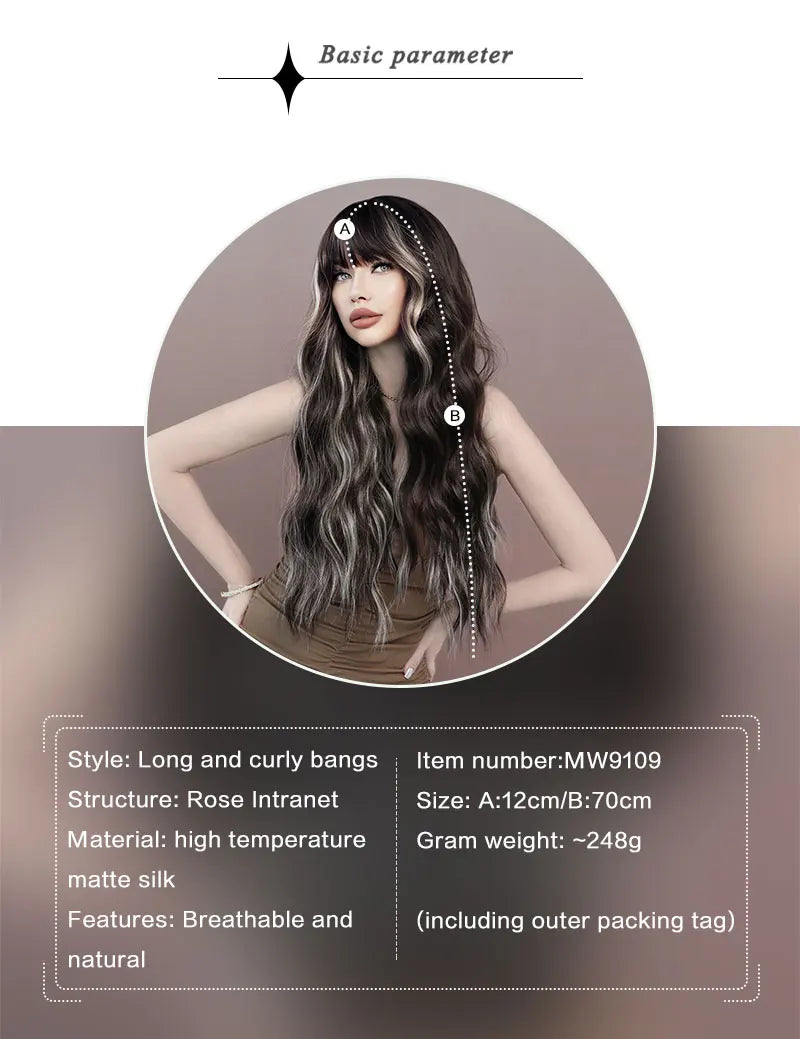Brown wig with bangs, long wavy style with mixed blonde highlights. Made from natural curly synthetic fiber, resistant to heat. Perfect for daily use by women.