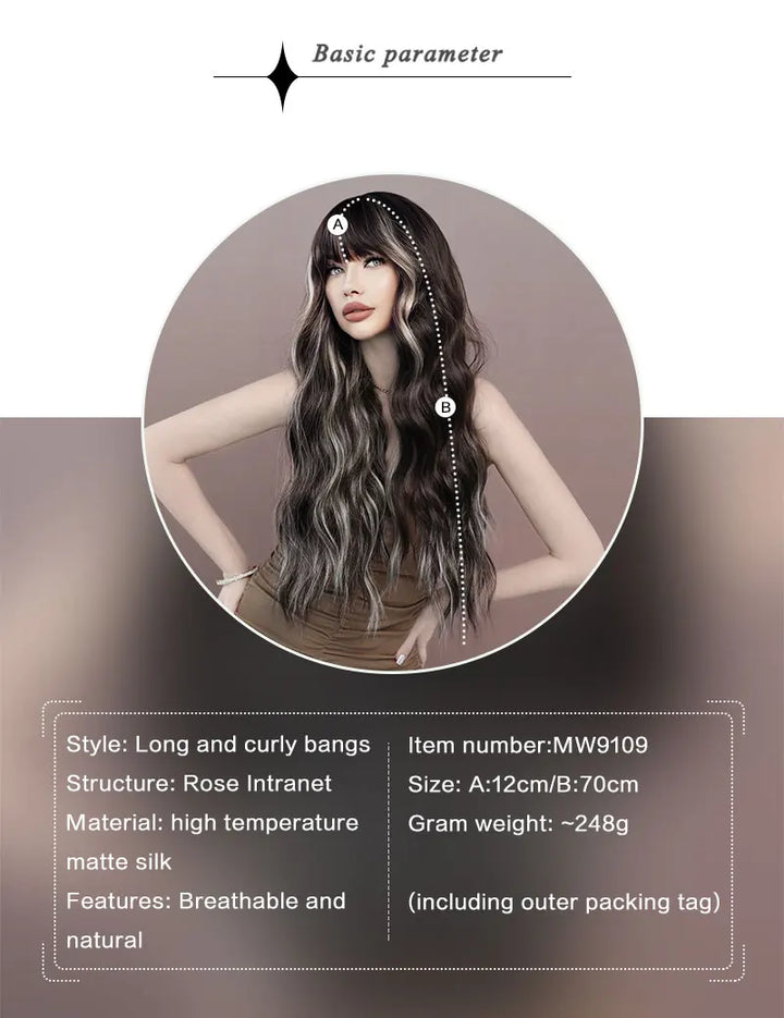 Brown wig with bangs, long wavy style with mixed blonde highlights. Made from natural curly synthetic fiber, resistant to heat. Perfect for daily use by women.