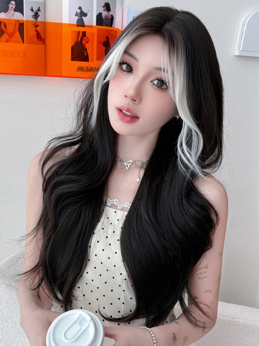 28-inch long highlighted black curly hair with bangs synthetic matte hair wig for women. Heat resistant.