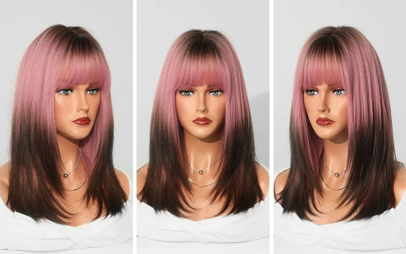 Pink and brown ombre wig with bangs for women. Great for cosplay, Christmas parties, and other events. Made of synthetic material.